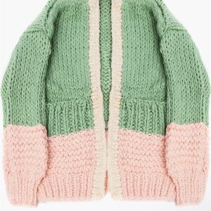 SAACHI Green and Pink Chunky Knit Cardigan Sweater